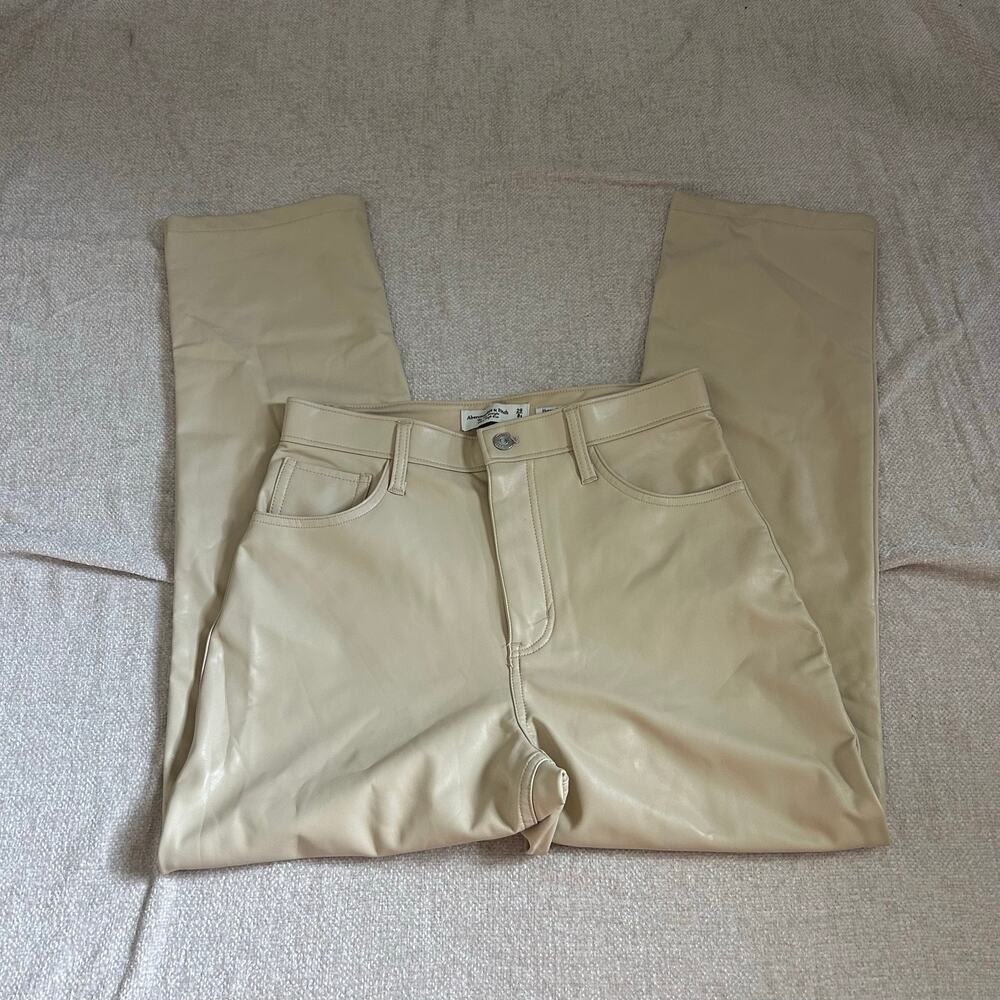 beige vegan leather high waisted straight leg abercrombie and fitch pants
